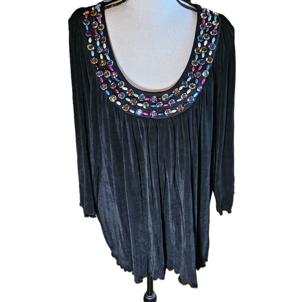 Slinky Brand Womens 2X Embellished Scoop Neck Tunic Black Boho Artsy 1-01718